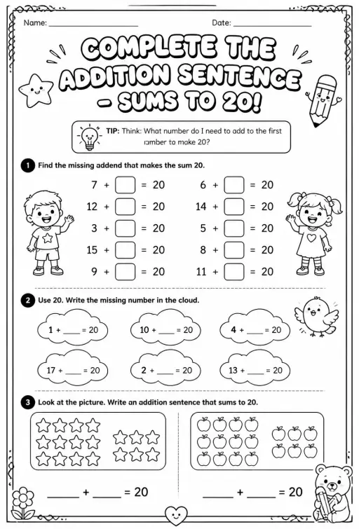Complete the addition sentence - sums to 20