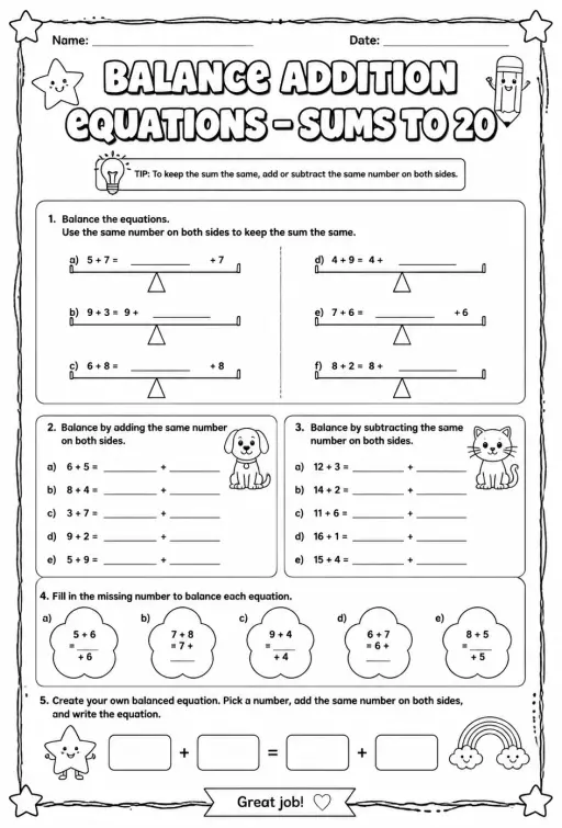 Balance addition equations - sums to 20