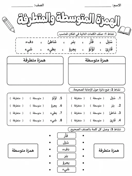 الهمزة المتوسطة والمتطرفة - حزمة أوراق عمل اللغة العربية