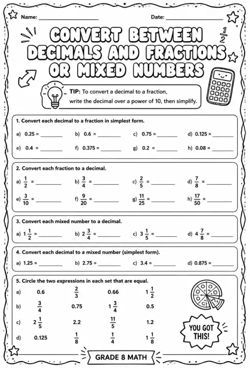 Convert between decimals and fractions or mixed numbers