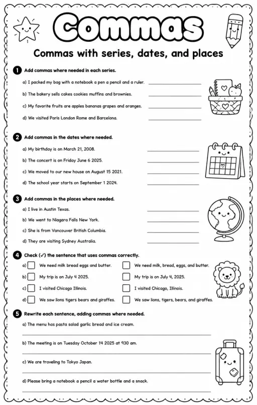 Commas with series, dates, and places
