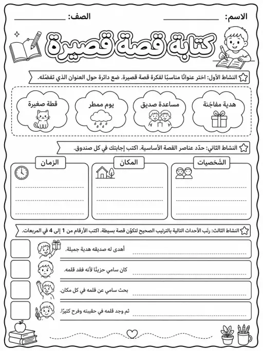 كتابة قصة قصيرة - حزمة أوراق عمل اللغة العربية