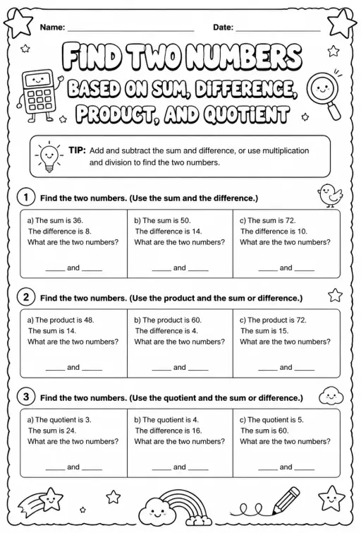 Find two numbers based on sum, difference, product, and quotient
