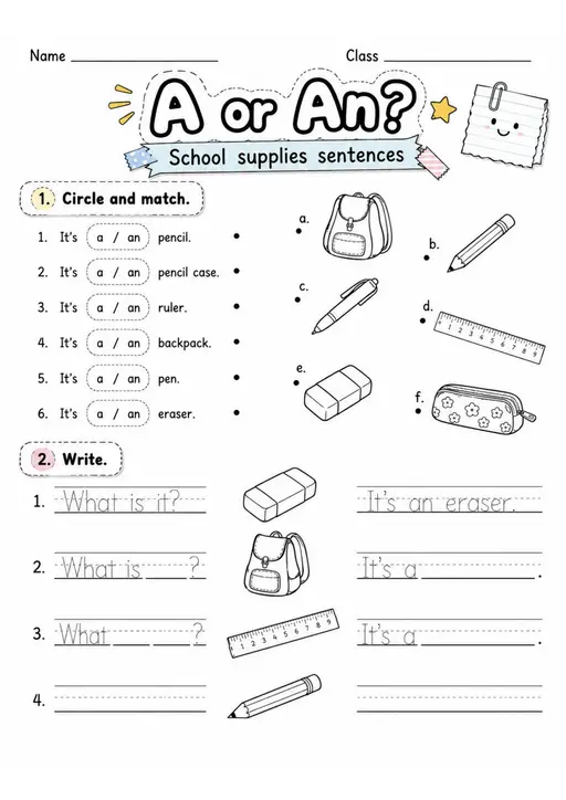 A or An? School Supplies | Grade 1 Grammar Worksheet