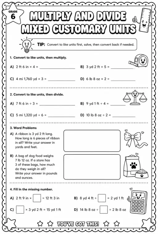 Multiply and divide mixed customary units