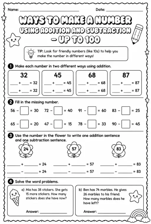 Ways to make a number using addition and subtraction - up to 100
