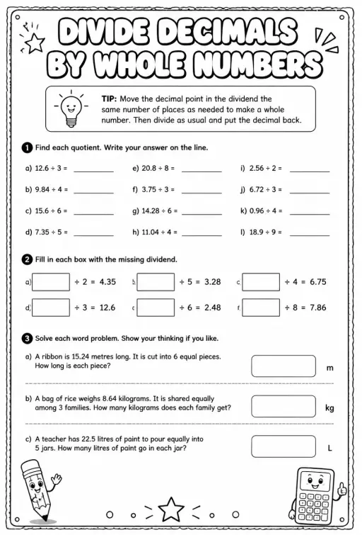 Divide decimals by whole numbers