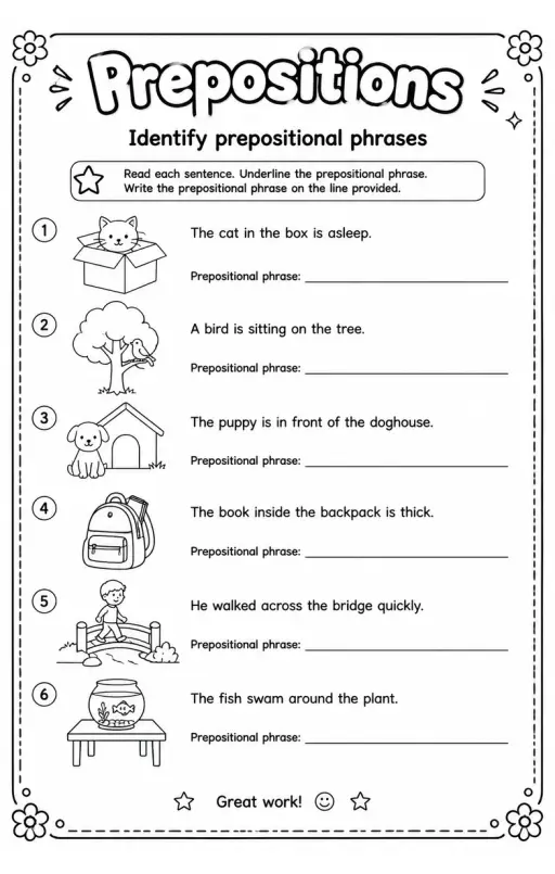 Identify prepositional phrases