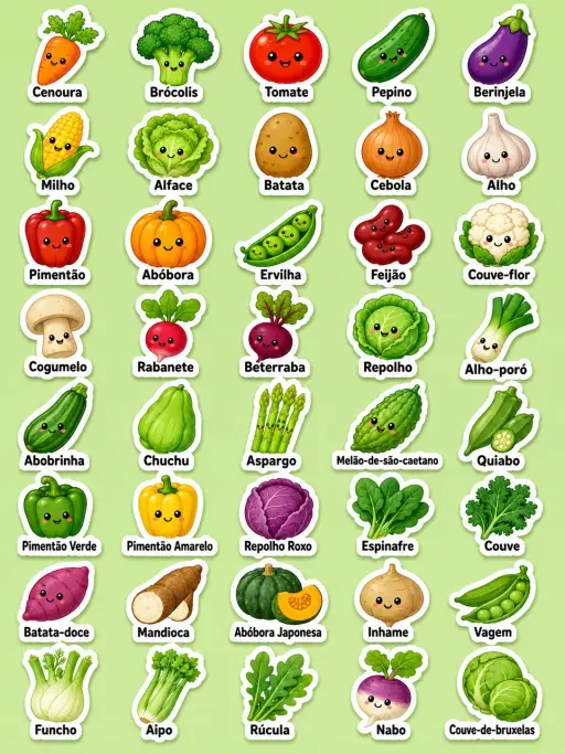 Legumes e verduras - Folha de adesivos imprimíveis