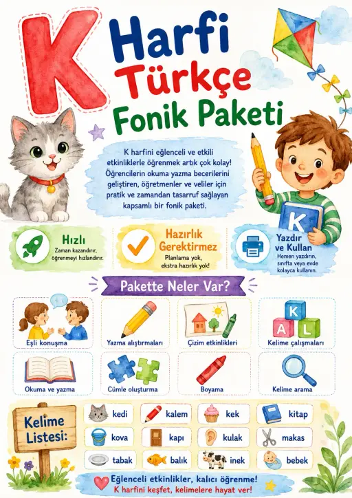 Turkish Letter K Phonics Worksheets Pack