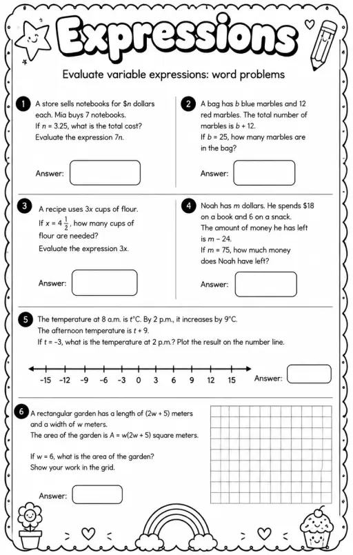 Evaluate variable expressions: word problems