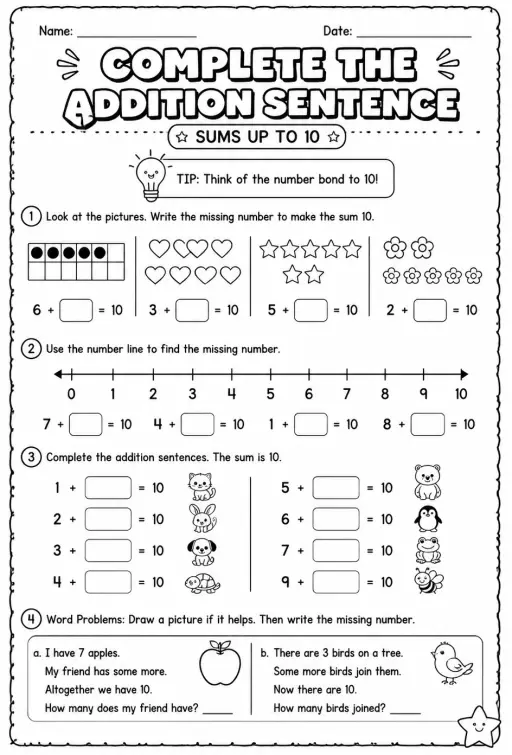 Complete the addition sentence - sums up to 10
