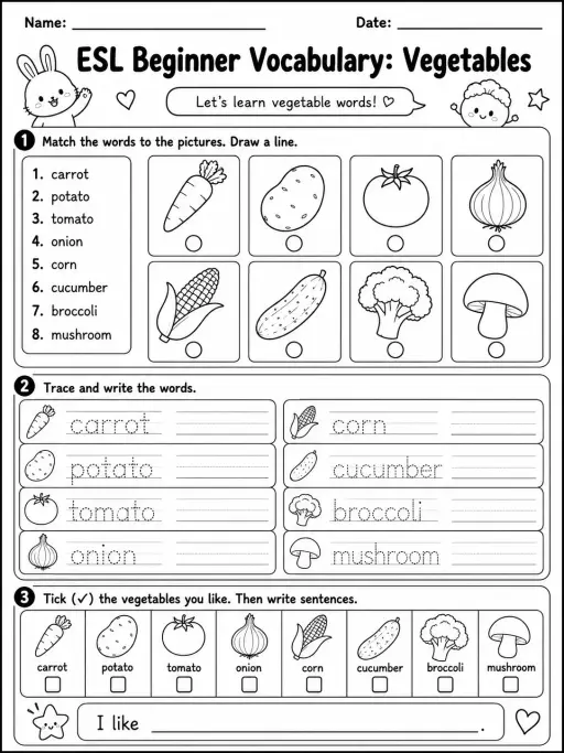 ESL Beginner Vocabulary: Vegetables