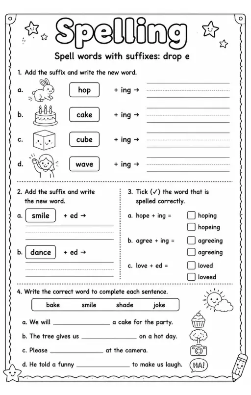 Spell words with suffixes: drop e
