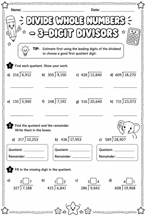 Divide whole numbers - 3-digit divisors