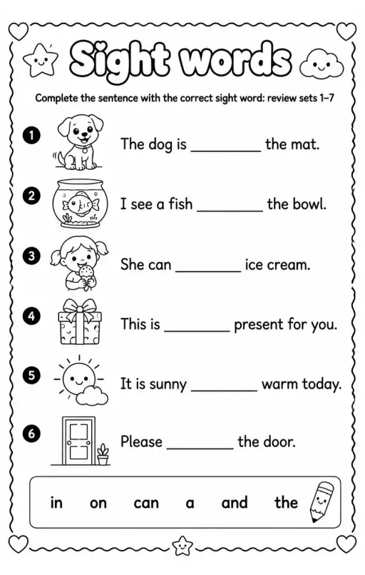 Complete the sentence with the correct sight word: review sets 1–7