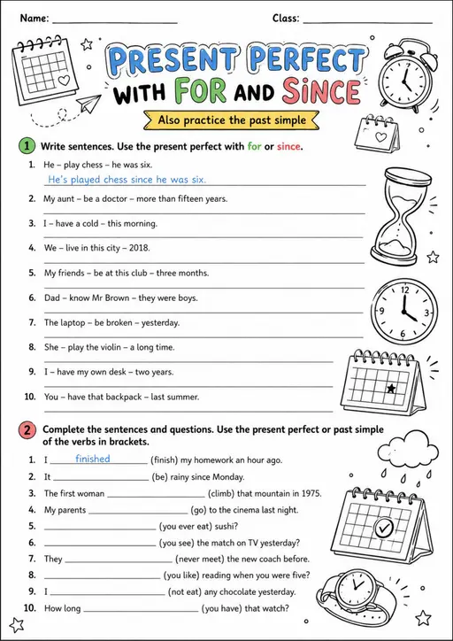 Present Perfect With For And Since 2 | Grade 5 Grammar Worksheet