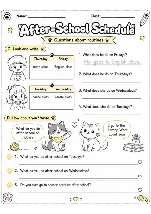 After-School Schedule | Grades 2-3 English Language Arts Worksheet