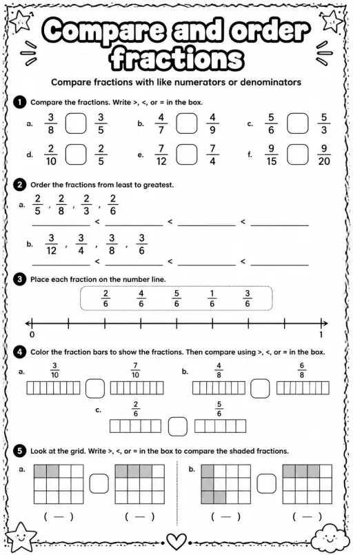 Compare fractions with like numerators or denominators
