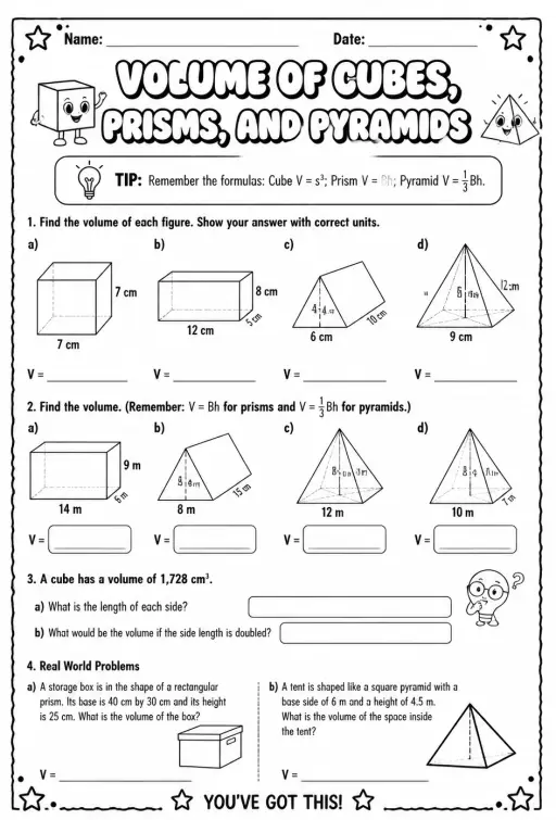 Volume of cubes, prisms, and pyramids