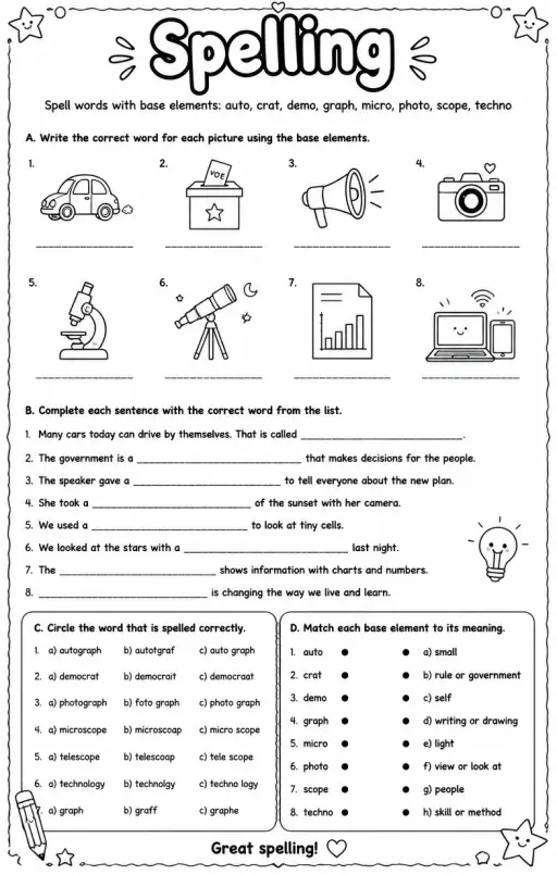 Spell words with base elements: auto, crat, demo, graph, micro, photo, scope, techno