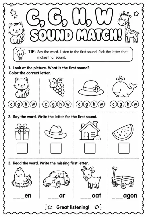 Choose the letter that matches the consonant sound: c, g, h, w