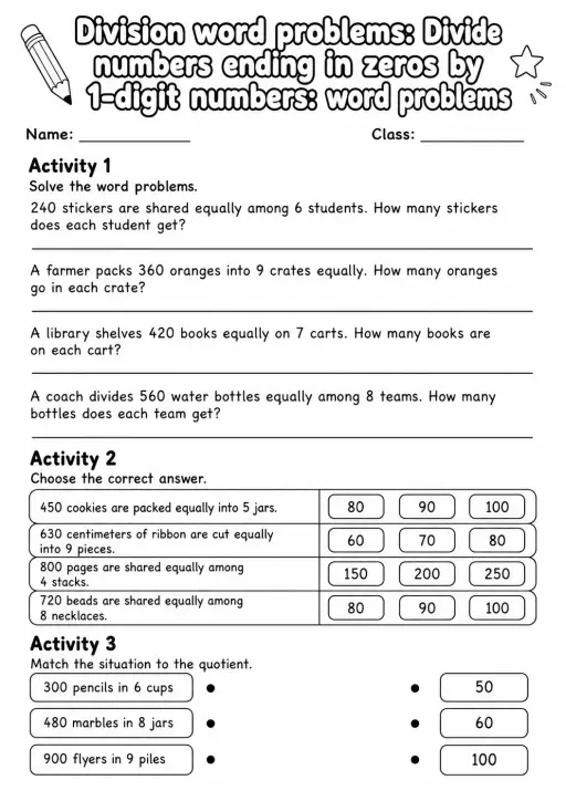 Grade 4 Division Word Problems Math Worksheet Pack
