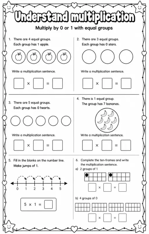 Multiply by 0 or 1 with equal groups