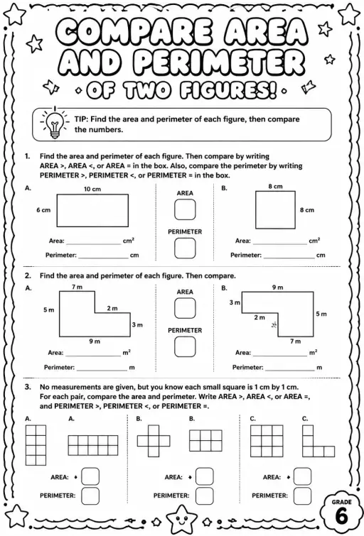 Compare area and perimeter of two figures