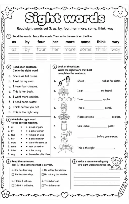 Read sight words set 3: as, by, four, her, more, some, think, way