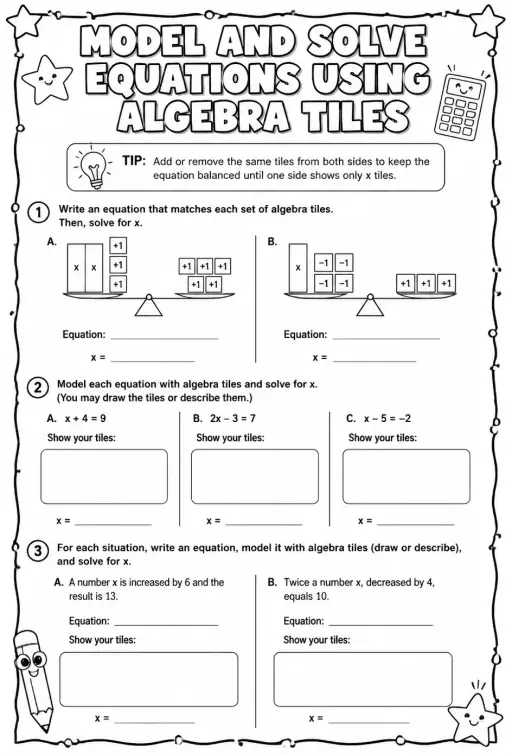 Model and solve equations using algebra tiles