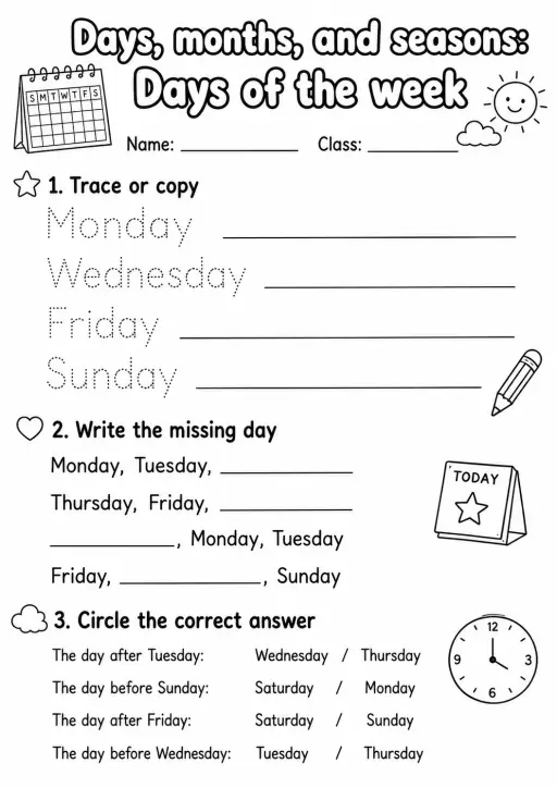 Grade 1 Days, Months, And Seasons Math Worksheet Pack