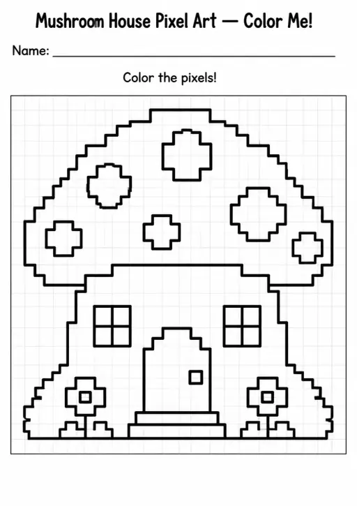 Mushroom House Pixel Art Coloring Page
