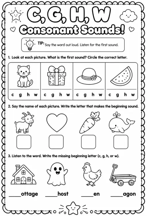 Choose the letter that matches the consonant sound: c, g, h, w