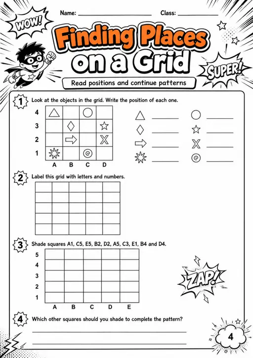 Finding Places on a Grid - Grade 3 Math Worksheet