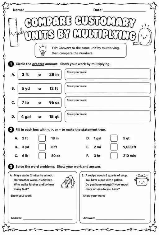 Compare customary units by multiplying