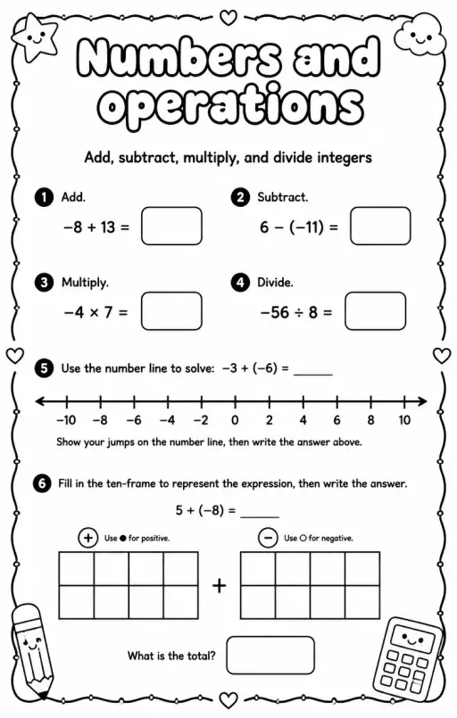 Add, subtract, multiply, and divide integers