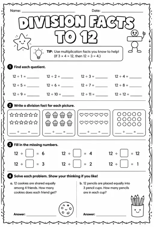 Division facts to 12