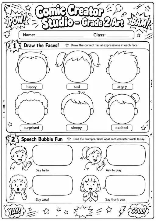 Comic Creator Studio: Speech Bubbles and Faces Worksheet Pack