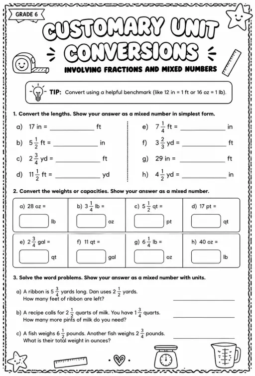 Customary unit conversions involving fractions and mixed numbers