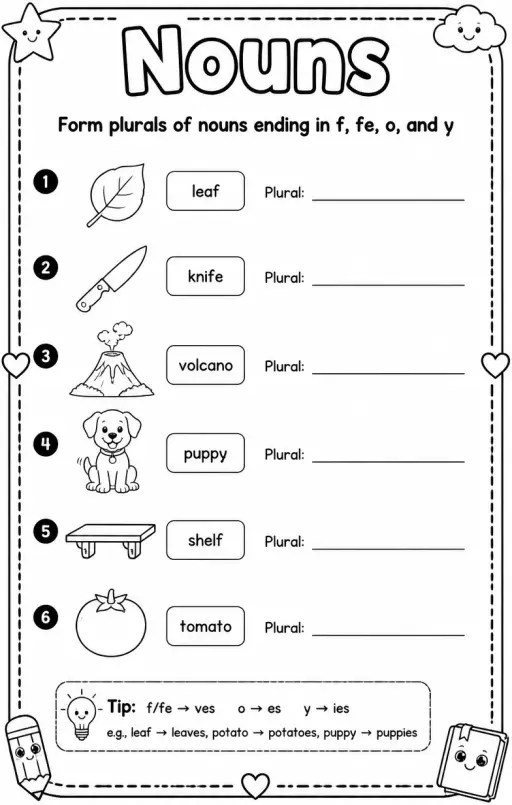 Form plurals of nouns ending in f, fe, o, and y
