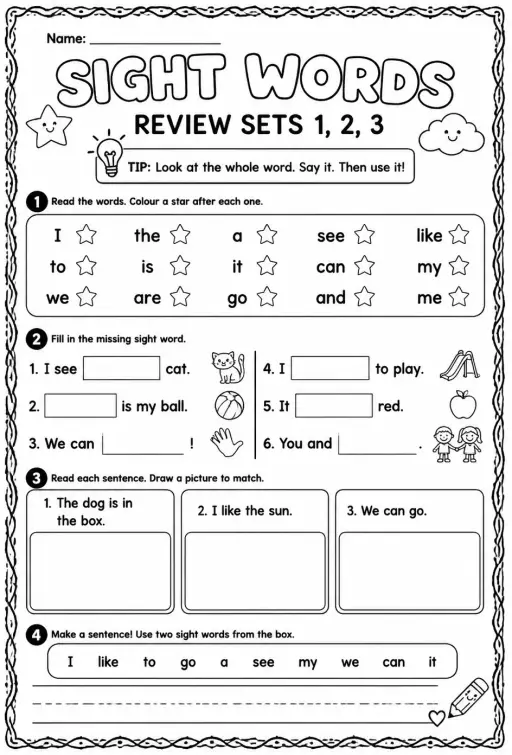 Read sight words: review sets 1, 2, 3