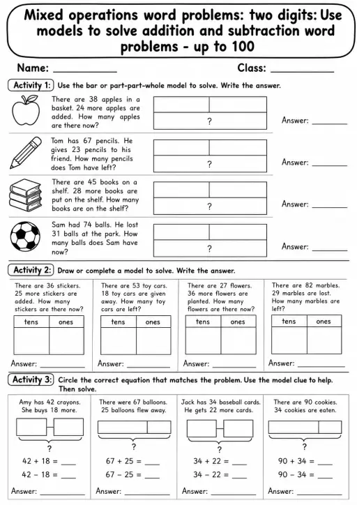 Grade 2 Mixed Operations Word Problems: Two Digits Math Worksheet Pack