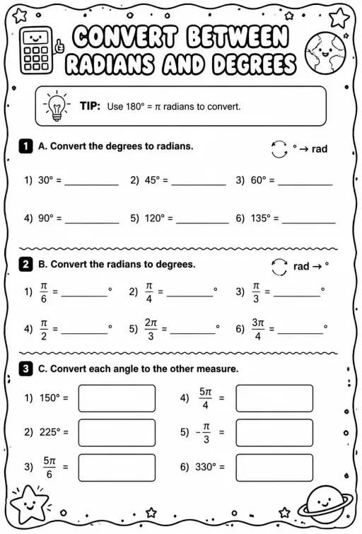 Convert between radians and degrees