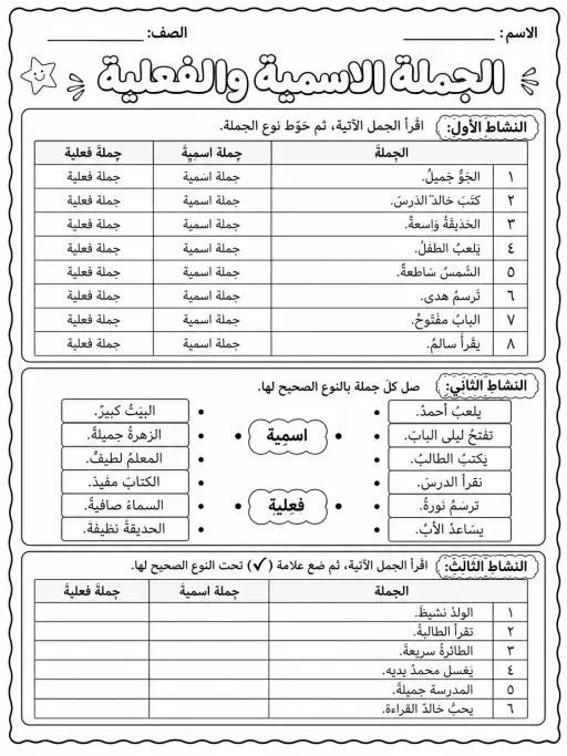 الجملة الاسمية والجملة الفعلية - حزمة أوراق عمل اللغة العربية