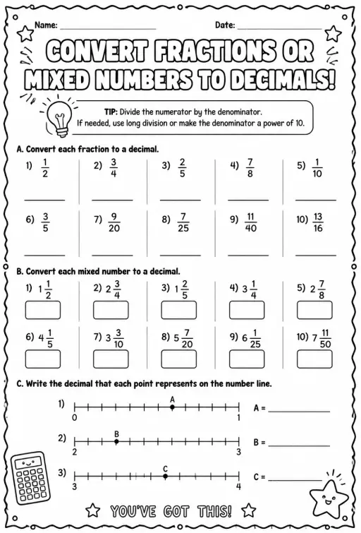 Convert fractions or mixed numbers to decimals