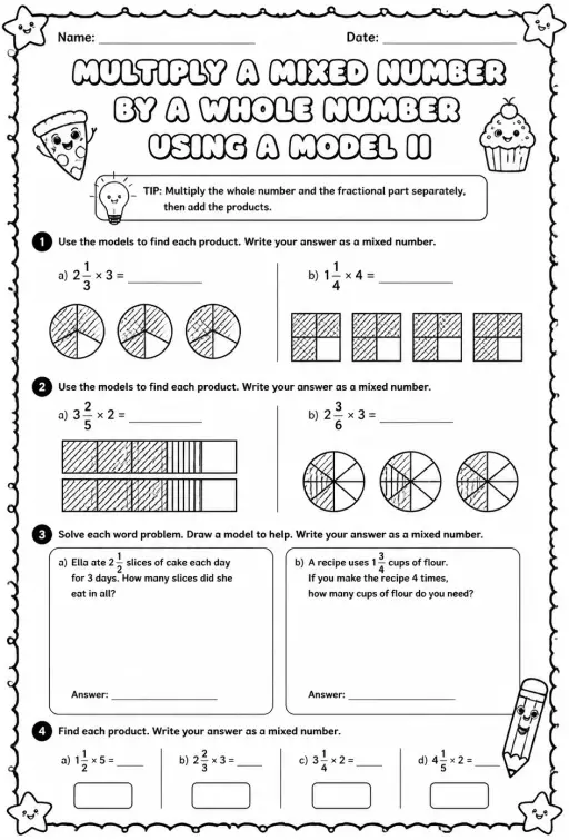 Multiply a mixed number by a whole number using a model II