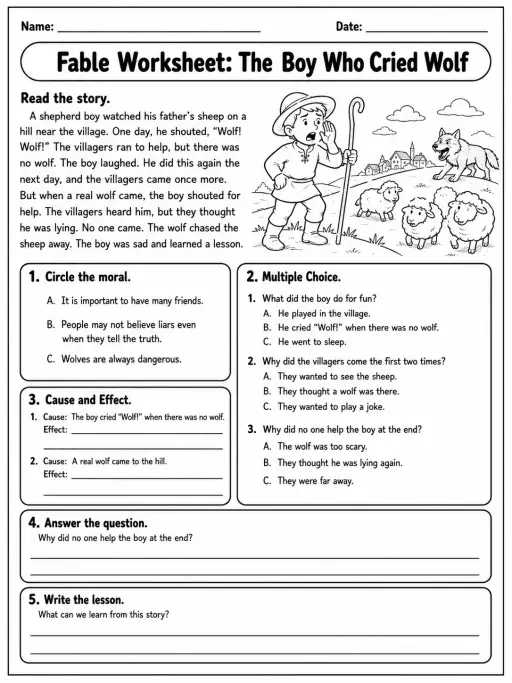 Fable Worksheet: The Boy Who Cried Wolf