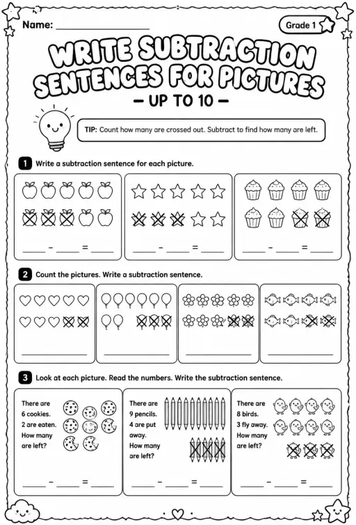 Write subtraction sentences for pictures - up to 10