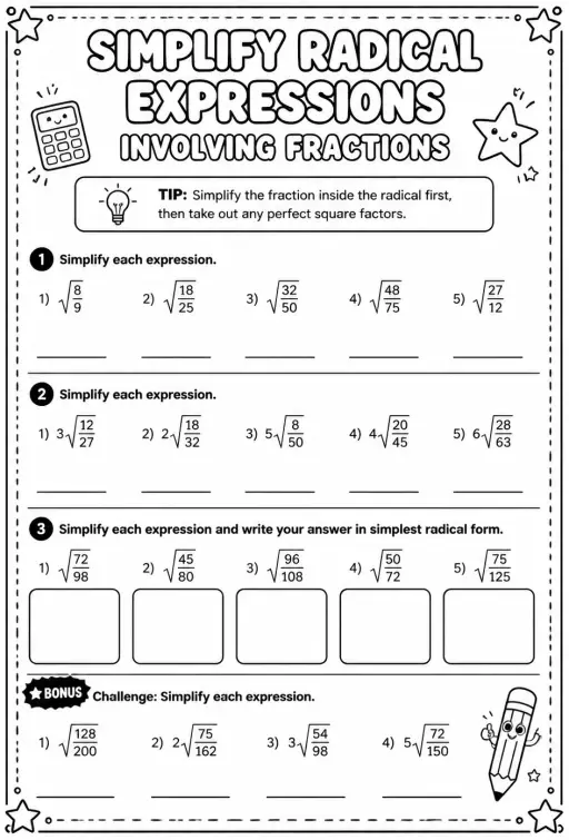 Simplify radical expressions involving fractions